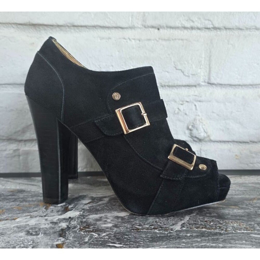 Elaine Turner Elan Black Suede Double Buckle Peep Toe Platform Booties Women's S